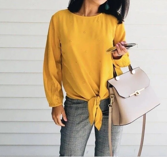 LOFT Tops - Loft yellow floral embroidered tie front blouse